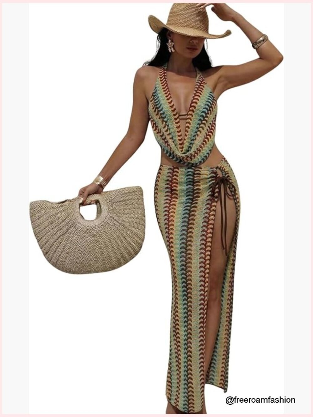 3 Piece Boho Chevron Halter Bikini Set Cheeky Swimsuit Cover Up Skirt